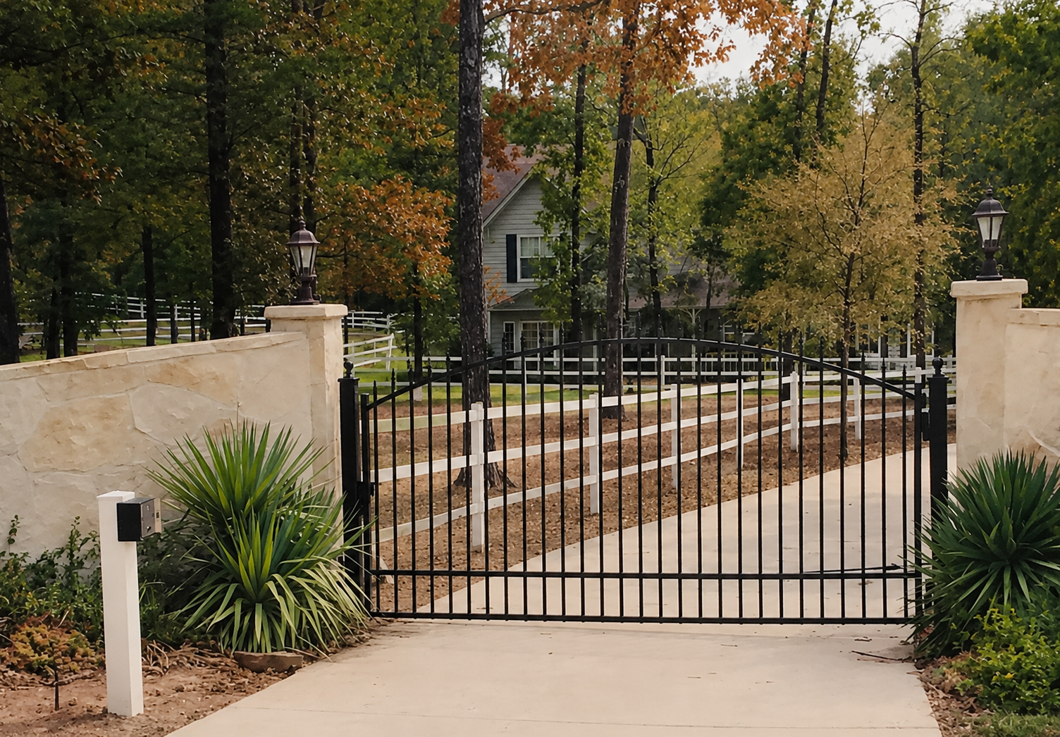 Black metal driveway gate with stone pillars at residential property entrance
