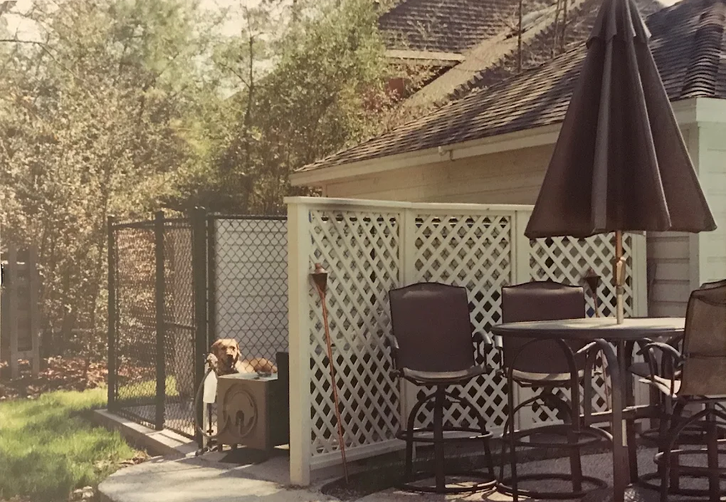 Backyard patio with lattice enclosure, dining table, chairs, umbrella, and dog in fenced kennel